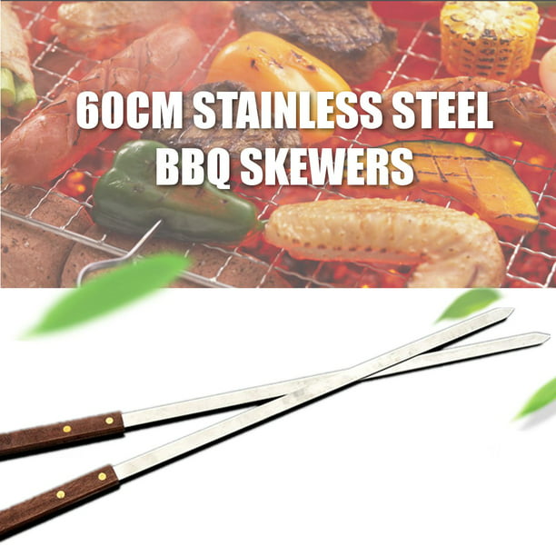 60CM Stainless Steel Wide BBQ Skewers Long Wood Handle Grill Kebab Fork Stick